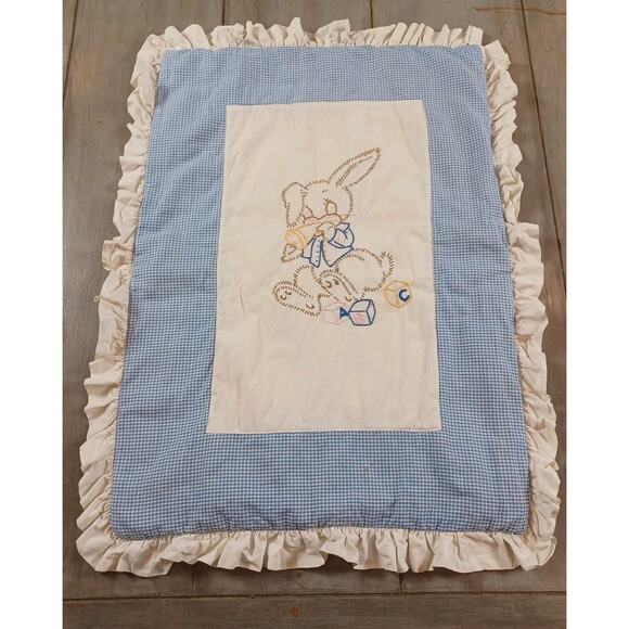 Vintage Embroidered Handmade Bunny Baby Padding Retro Blue Cushion ABC - Picture 1 of 6